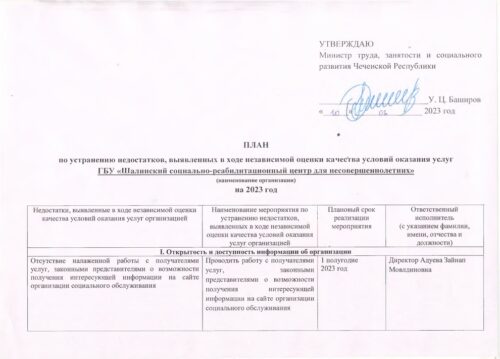 План мероприятий по устранению недостатков, выявленных в ходе проведения независимой оценки качества оказываемых услуг